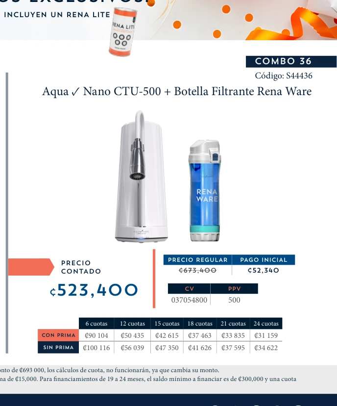 Aqua ✓ Nano CTU-500 + Botella Filtrante Rena Ware