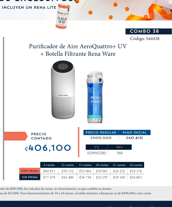 Purificador de Aire AeroQuattro+ UV + Botella Filtrante Rena Ware