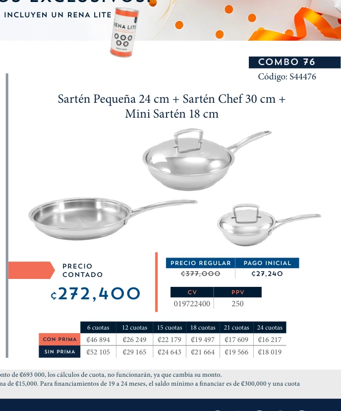 Rena Wok 34 cm + Sartén Chef 30 cm + Mini Sartén 18 cm + Juego de Espátulas